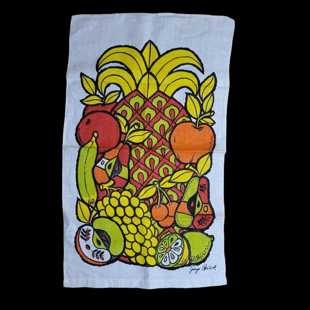 Vtg Midcentury Georges Briard Linen Kitchen Tea Dish Towel Colorful Fruit